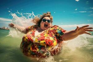 Plus size woman relaxing on beach. Obesity concept. Generative AI photo