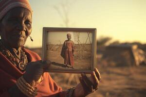 Elderly black woman holds an old photograph in her hands. Generative AI photo