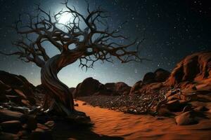 Lonely dried tree in desert landscape at starry night. Generative AI photo