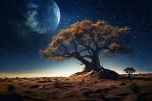 Lonely dried tree in desert landscape at starry night. Generative AI photo