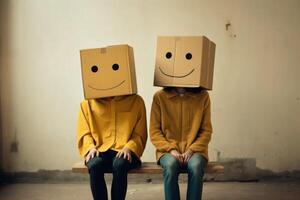 Man and woman with cardboard boxes on head. photo