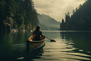 mujer es navegación en barco en lago en hermosa montaña paisaje. generativo ai foto