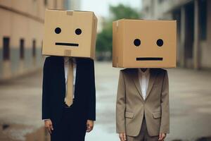 Man and woman with cardboard boxes on head. photo