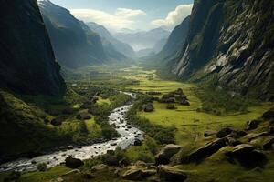 Green valley with beatiful view on river and mountains. photo