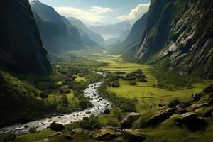 verde Valle con hermoso ver en río y montañas. generativo ai foto