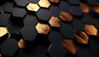 resumen negro y oro hexagonal lujo antecedentes. ai generado foto