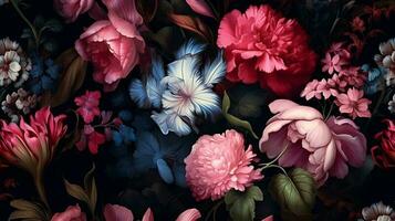 Beautiful Flowers pattern on black bakcground. AI Generated photo