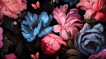 Beautiful Flowers pattern on black bakcground. AI Generated photo