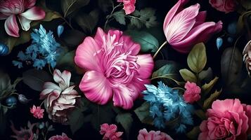 Beautiful Flowers pattern on black bakcground. AI Generated photo