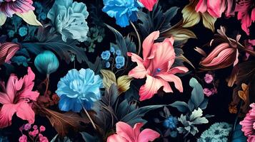 Beautiful Flowers pattern on black bakcground. AI Generated photo