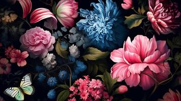 Beautiful Flowers pattern on black bakcground. AI Generated photo