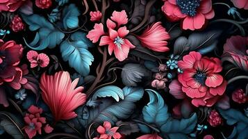 Beautiful Flowers pattern on black bakcground. AI Generated photo