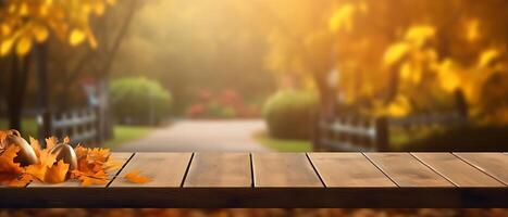 Empty Wooden table in garden of fall time. photo