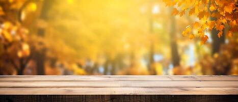 Empty Wooden table in garden of fall time. photo