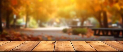Empty Wooden table in garden of fall time. photo