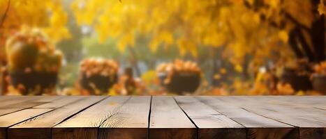 Empty Wooden table in garden of fall time. AI Generated photo