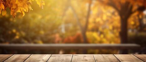 Empty Wooden table in garden of fall time. photo