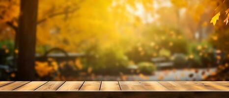 Empty Wooden table in garden of fall time. AI Generated photo