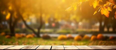 Empty Wooden table in garden of fall time. AI Generated photo