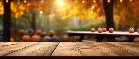 Empty Wooden table in garden of fall time. AI Generated photo