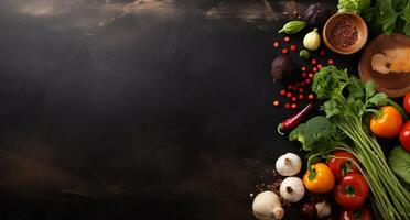 Vegetables set and spices for cooking on dark background. AI Generated photo