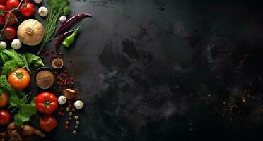 Vegetables set and spices for cooking on dark background. AI Generated photo