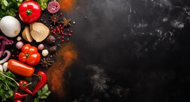 Vegetables set and spices for cooking on dark background. photo