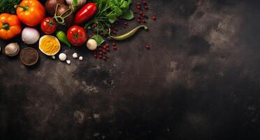 Vegetables set and spices for cooking on dark background. photo