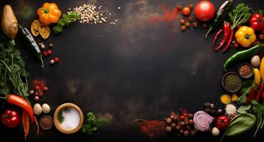 Vegetables set and spices for cooking on dark background. photo