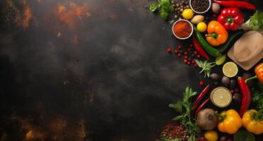 Vegetables set and spices for cooking on dark background. AI Generated photo