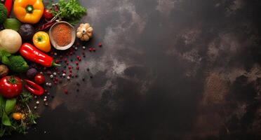 Vegetables set and spices for cooking on dark background. photo