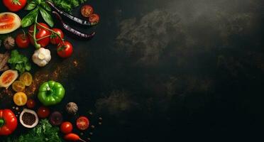 Vegetables set and spices for cooking on dark background. AI Generated photo