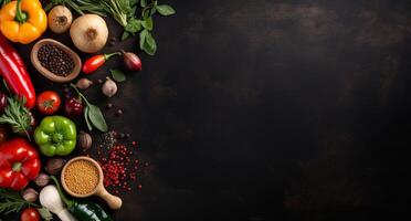 Vegetables set and spices for cooking on dark background. photo