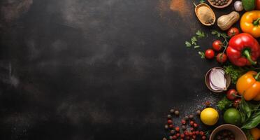 Vegetables set and spices for cooking on dark background. photo