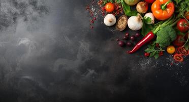 Vegetables set and spices for cooking on dark background. photo
