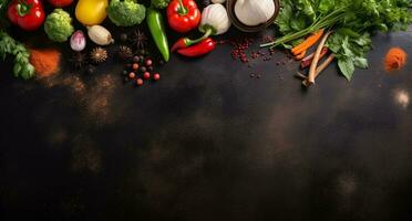 vegetales conjunto y especias para Cocinando en oscuro antecedentes. ai generado foto