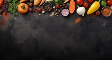 Vegetables set and spices for cooking on dark background. photo