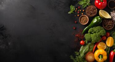 Vegetables set and spices for cooking on dark background. photo