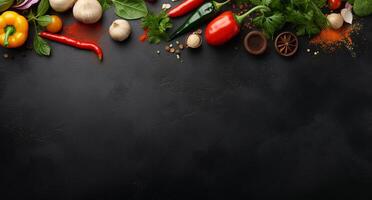 Vegetables set and spices for cooking on dark background. photo
