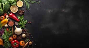 Vegetables set and spices for cooking on dark background. photo