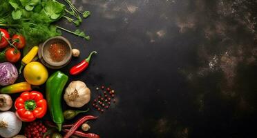 Vegetables set and spices for cooking on dark background. AI Generated photo