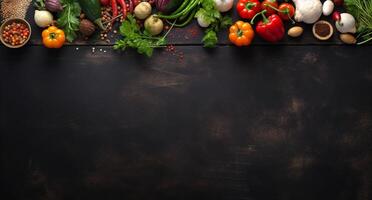 Vegetables set and spices for cooking on dark background. photo