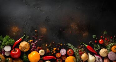 Vegetables set and spices for cooking on dark background. photo