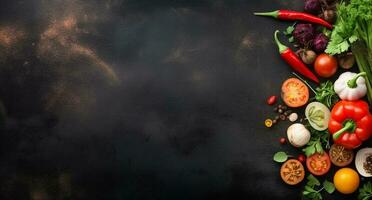 Vegetables set and spices for cooking on dark background. AI Generated photo