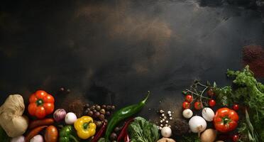 Vegetables set and spices for cooking on dark background. photo