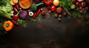 Vegetables set and spices for cooking on dark background. AI Generated photo