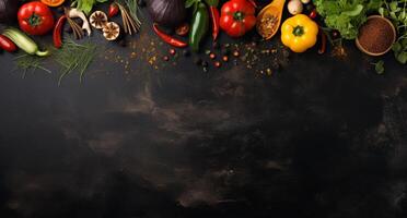 Vegetables set and spices for cooking on dark background. photo