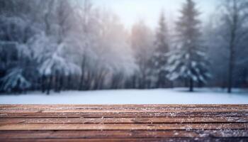 Empty Wooden table in front of winter landscape blurred background.AI Generated photo