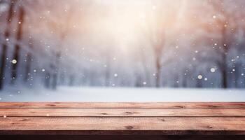 Empty Wooden table in front of winter landscape blurred background.AI Generated photo