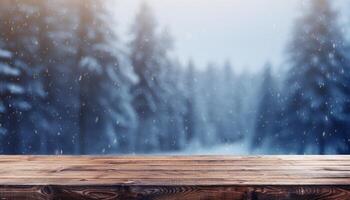 Empty Wooden table in front of winter landscape blurred background.AI Generated photo